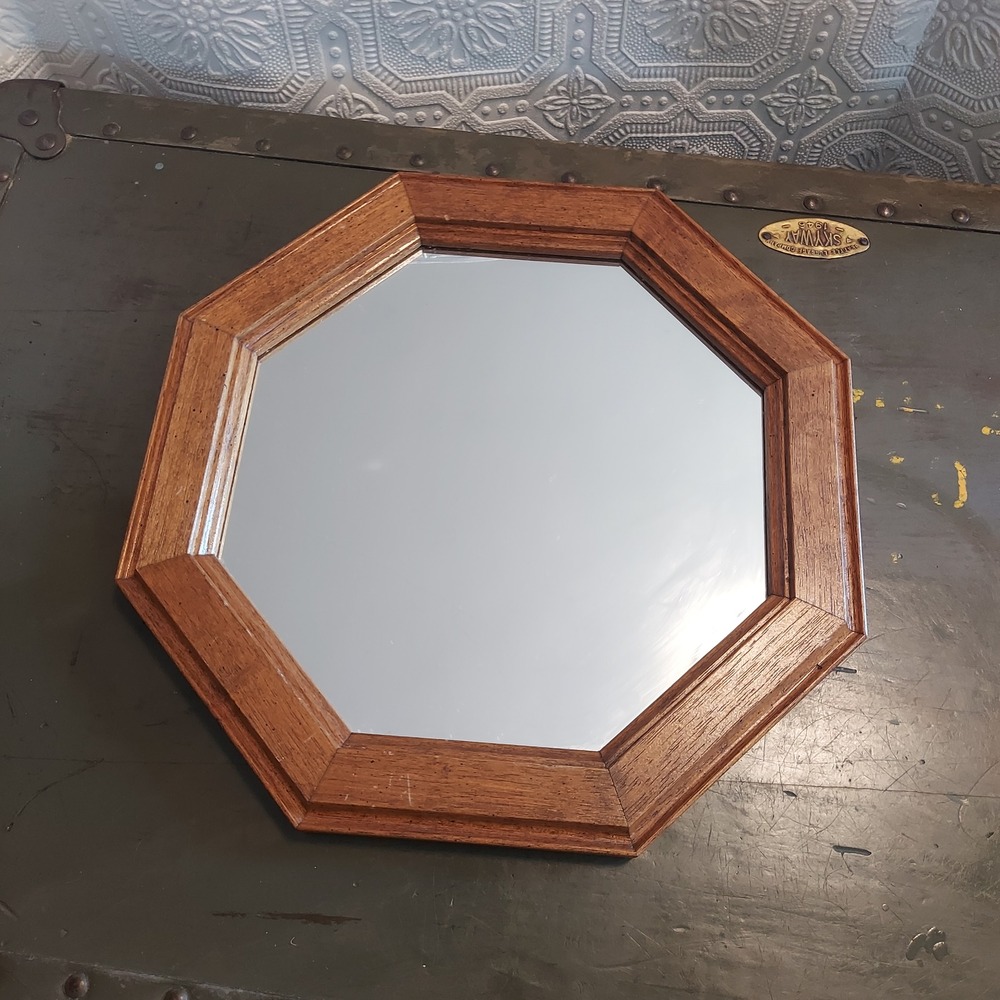 Vintage Octagon Wood Wall Mirror Brown Oak Finish Geometric 11.5" Small Decor